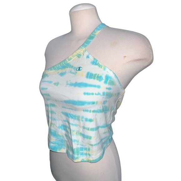 Champion Tie Dye One Shoulder Cropped Casual Top Sz Large Womens Blue & Yellow - Picture 8 of 9